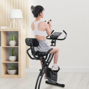 Exercise Bike Folding Stationary Bike Magnetic Recumbent 3-in-1 Cycling Slim Bike with Arm Resistance Bands & LCD Monitor for Men and Women Indoor Outdoor, black, 32 x 19 x 39 inches