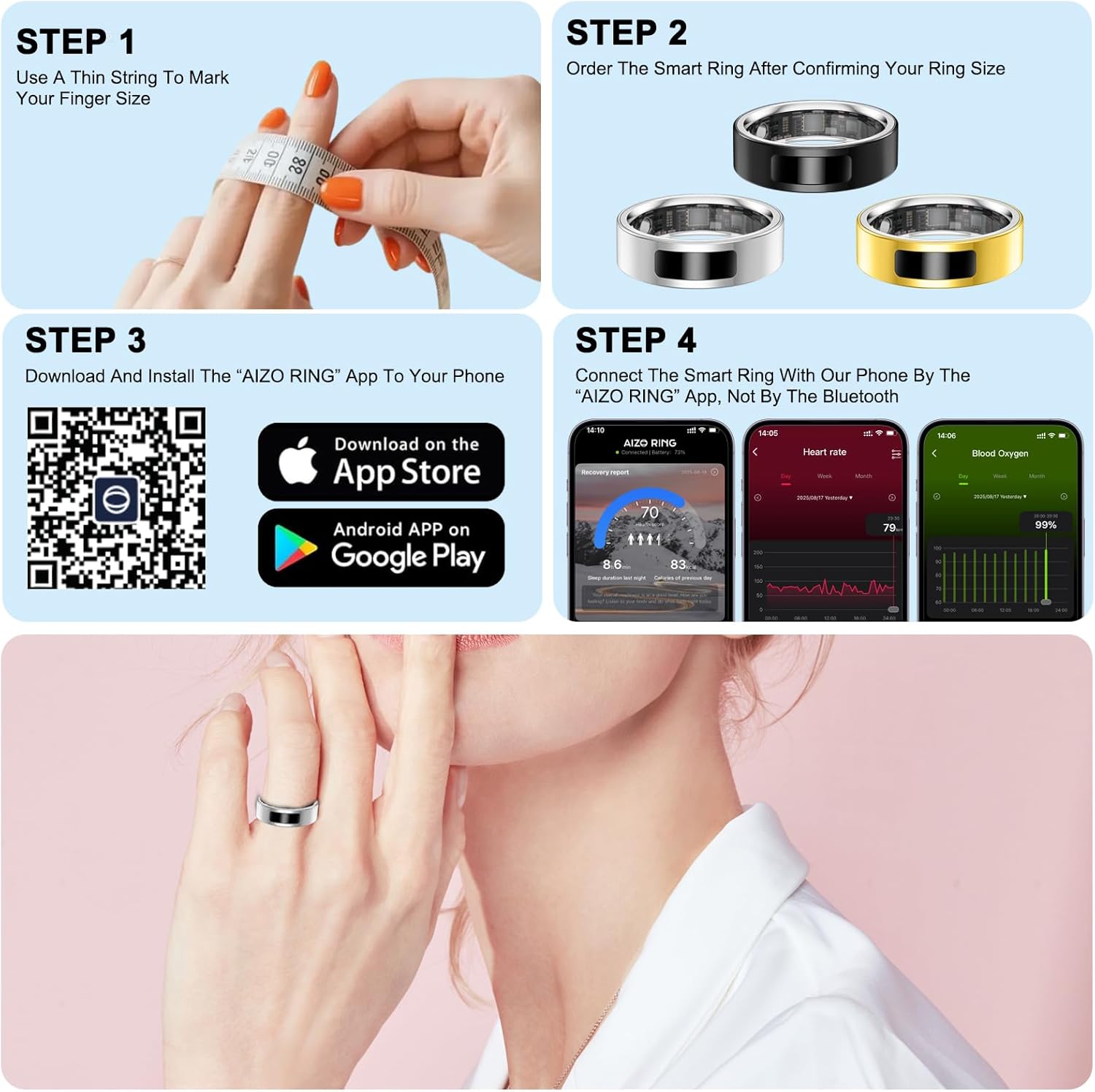 Smart Health Ring for Women Men, Vibration Alert, Touch Control, Fitness Tracker Ring with Sleep/Women's Health/Heart Rate/Steps, IP68 Waterproof for iPhone and Android, Silver 9, No Subscription - Image 8