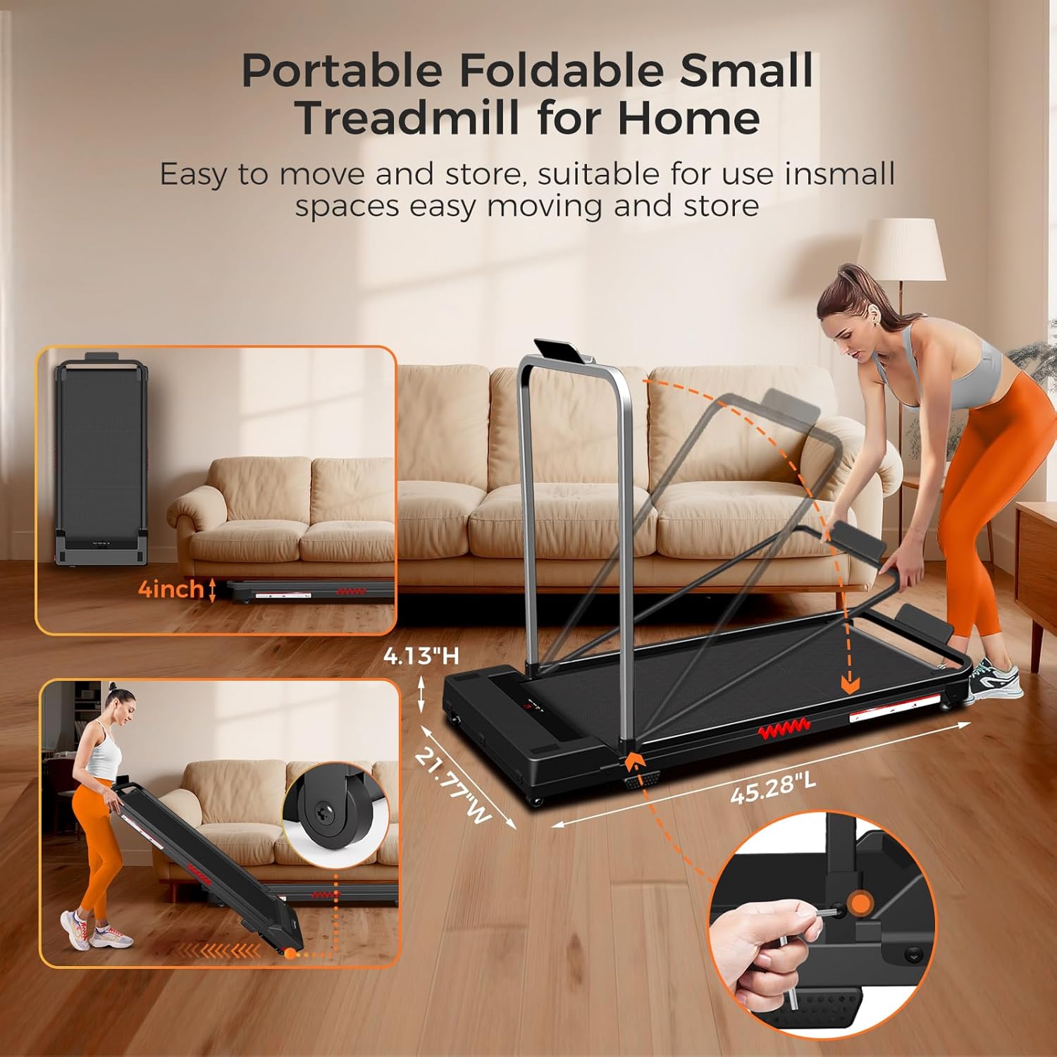 Walking Pad Treadmill, 3.0 HP Under Desk Treadmill, 3 in 1 Foldable Treadmills for Home, Walking Pad with Handle Bar for Walking and Jogging, with Remote Control & LED Display - Image 6