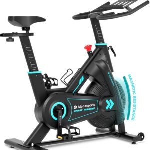 ALPHA CAMP Exercise Bike Magnetic Stationary Bike with 100 micro-Adjustable Levels Low Noise Indoor Bike with 350lbs Weight Capacity Fitness bike Bike with Comfortable Seat Cushion, Digital Display