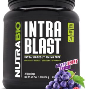 NutraBio Intra Blast Bcaa Powder Amino Acid Supplement, Electrolyte & Hydration Blend, Intra, Pre Workout & Muscle Recovery, 20g Eaa Amino Acids Powder, 5g Glutamine- Grape Berry Crush, 30 Serving