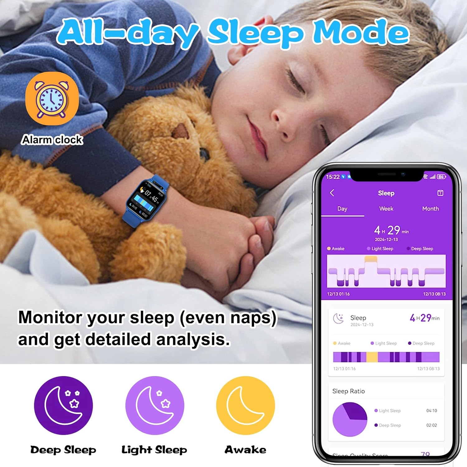 Smart Watch for Kids, 1.85" Fitness Tracker with Heart Rate, Sleep Monitor, IP68 Waterproof Smartwatches with Video Music, Pedometer, Game, NO APP/Phone, Gift for Boys Girls. (Classic, Blue) - Image 3