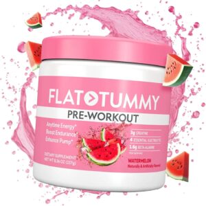 Flat Tummy Pre Workout Powder for Women – Energy, Endurance, and Muscle Support with 3g Creatine, 1.6g Beta-Alanine, Electrolytes – Watermelon Flavor – 30 Servings