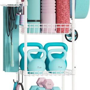VOPEAK Home Gym Storage Rack with Wheels, Yoga Mat Storage Organizer for Kettlebells, Dumbbells, Resistance Bands, Space Saving 3-Tier Weight Rack for Home Gym, Garage, Easy to Install