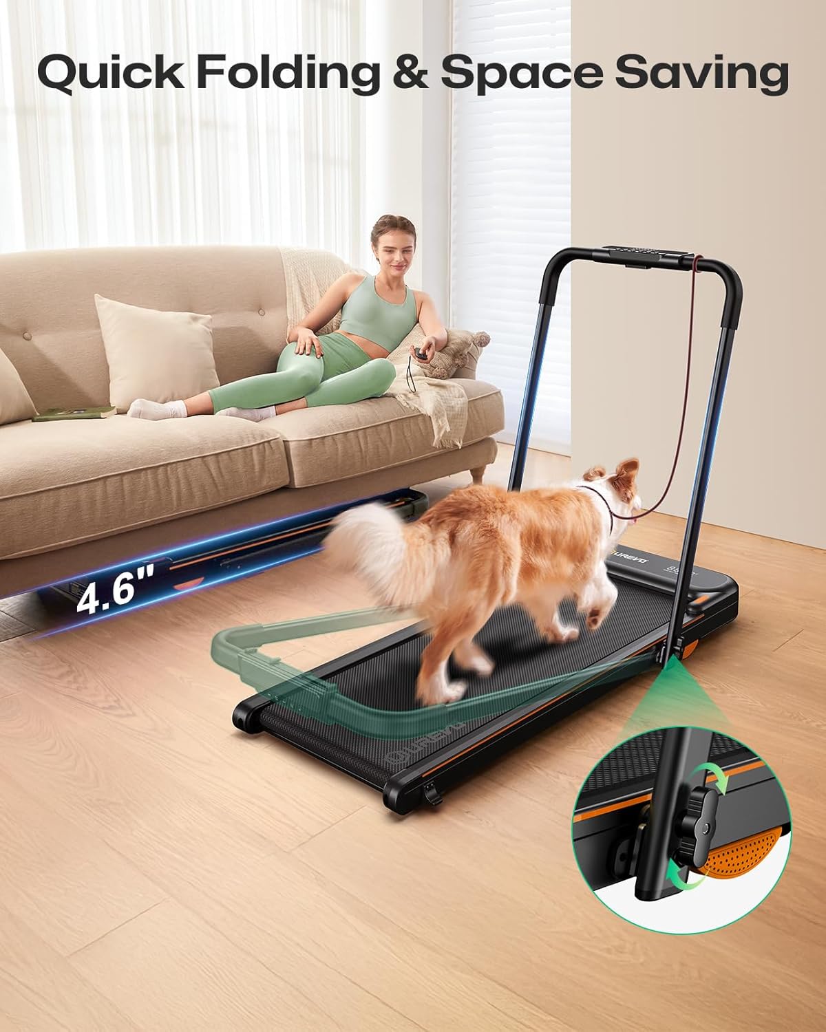 UREVO Strol 2E Smart 2-in-1 Folding Treadmill, Compact Walking Pad with Safety Handle, Plug and Play, Standing Desk Treadmill with Dual LED Display, Smart APP, Walking or Running for Home Office - Image 8