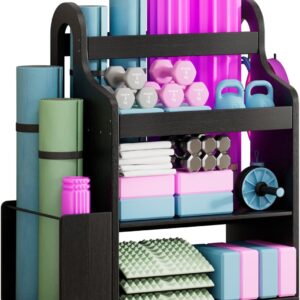 Weight Rack for Dumbbells, Home Gym Organizer Rack Yoga Mat Holder with Wheels and Hooks, All in One Workout Storage for Yoga Mat, Foam Roller, Gym Storage Storage for Home Exercise(Wood)