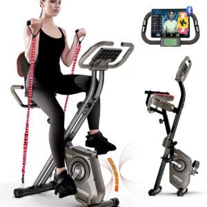 HARISON Folding Exercise Bike 350 LBS Capacity, 5 in 1 Bluetooth Stationary Bikes for Home with 16-Level Resistance and Arm Resistance Bands, Magnetic X-Bike with LCD Monitor & Back Support
