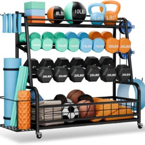 XL Dumbbell Rack Weight Stand – Adjustable Weight Rack for Dumbbells, Home Gym Storage Rack for Kettlebell, Balls,Yoga Mat Storage Holder, Workout Equipment Storage Organizer With Wheels
