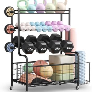 Dumbbell Rack, Weight Rack for Home Gym, Weight Stand for Dumbbells Kettlebells Yoga Mat and Balls, All in One Home Gym Storage with Universal Wheels and Hooks, Workout Storage for Yoga(Metal)