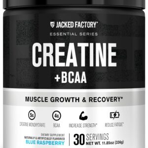 Jacked Factory Creatine + BCAAs – Creatine Monohydrate + BCAA Powder for Increased Post-Workout Recovery, Performance, Lean Muscle Growth, & Reduced Fatigue – 30 Servings, Blue Raspberry