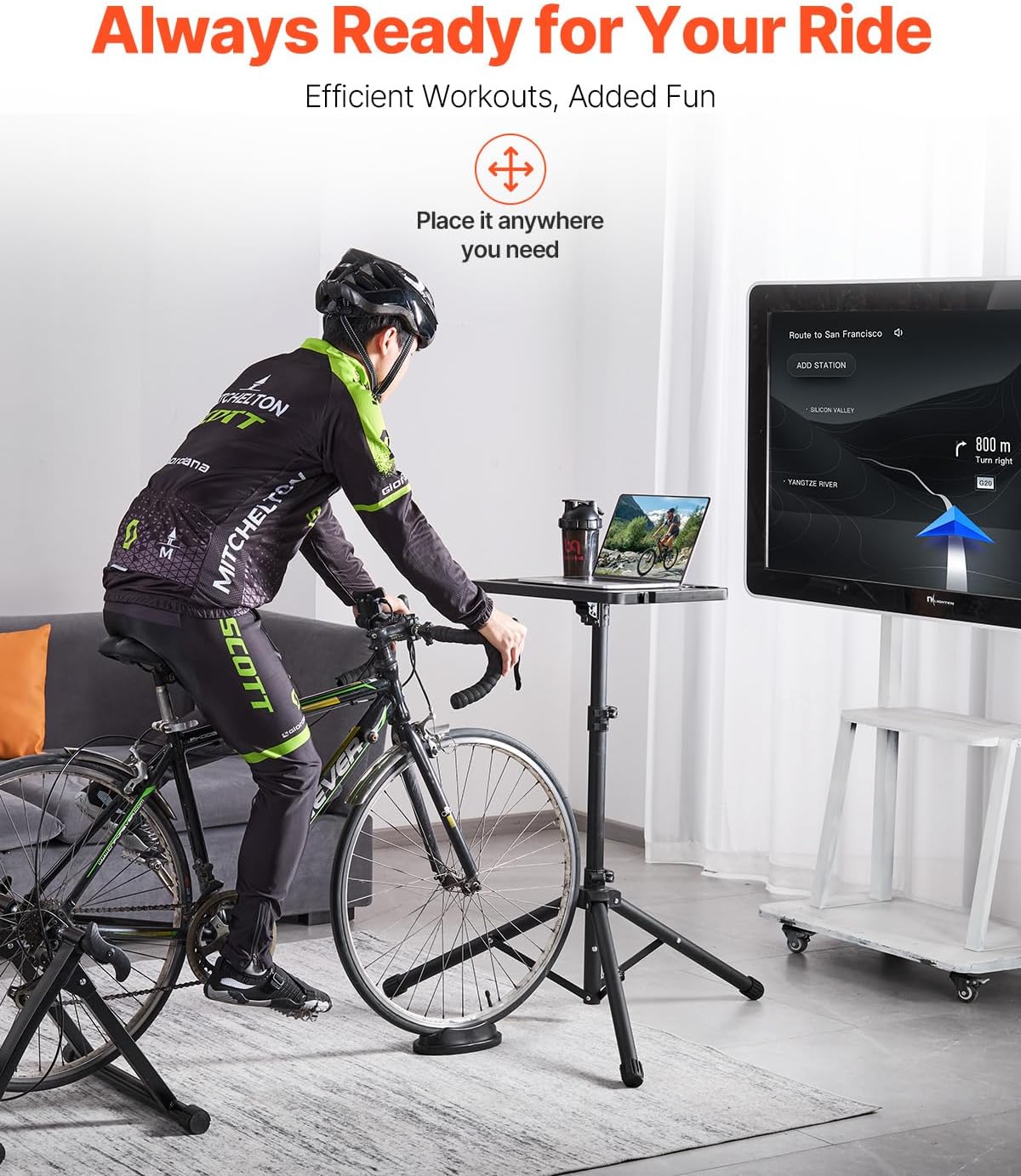 VEVOR Cycling Desk, Adjustable Bike Trainer & Treadmill Desk with Triangle Support, Non-Slip Multi-Slot Bike Trainer Fitness Desk with Handle Bar, Fit for Home Office Exercise - Image 2