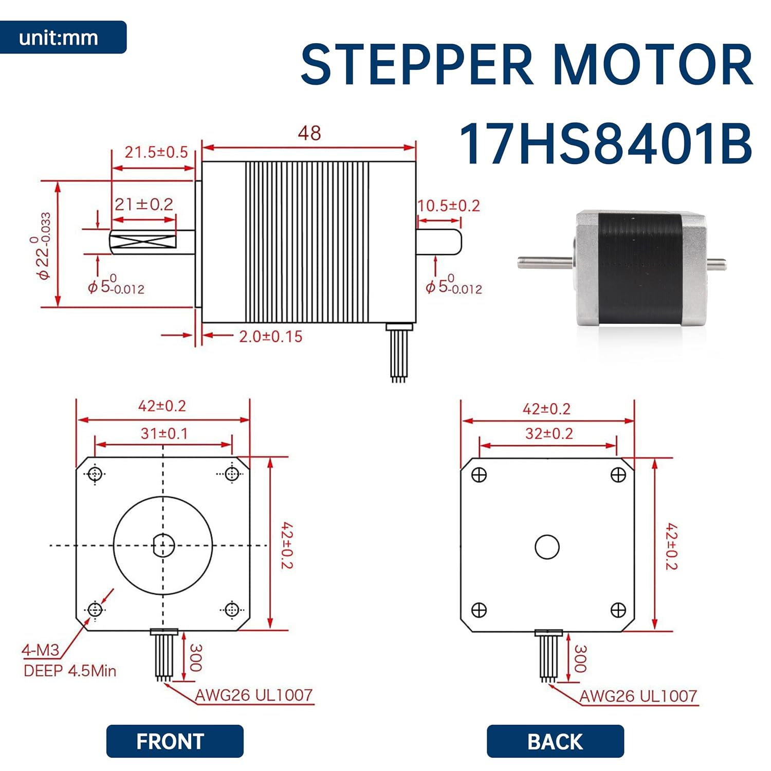 17HS8401 Nema17 Stepper Motor, 48mm 1.8A 1.8degree 78oz-in,2-Phase High Torque Hybrid CNC Stepper Motor,4-Lead Wire for 3D Printer,CNC Machine,Robot,CNC Router XYZ Axis (3pcs Dual Shaft) - Image 4