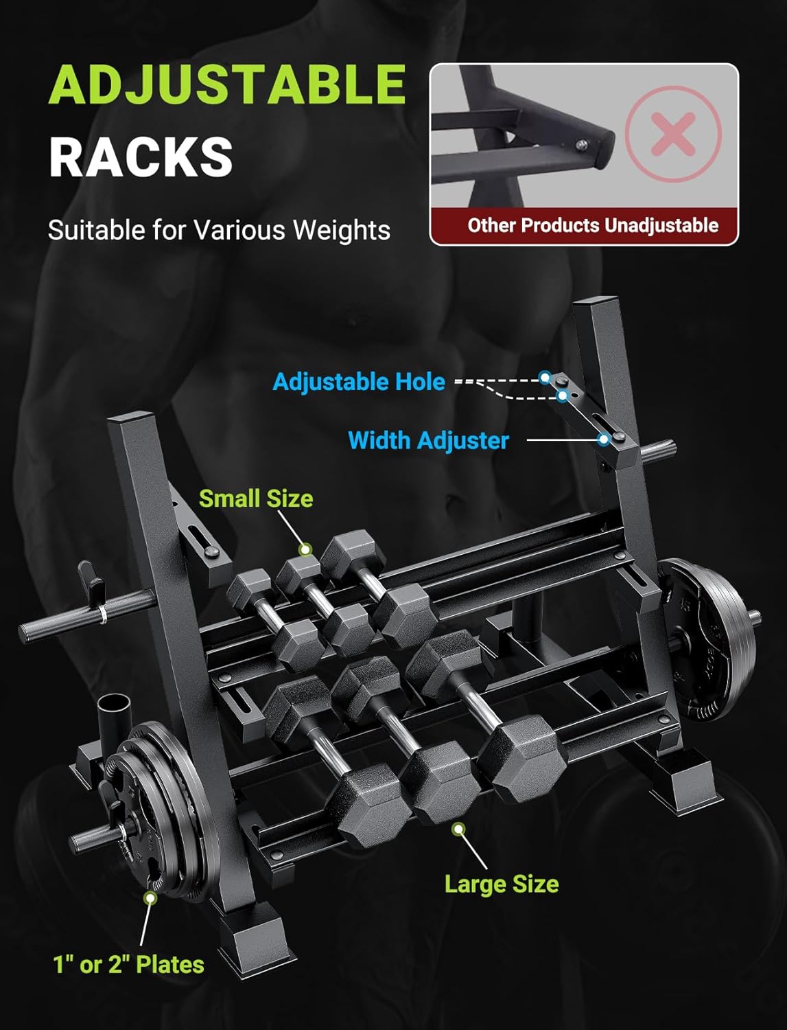 YOLEO Professional Dumbbell Rack, 1100LBS Capacity Weight Rack for Dumbbells Barbells Kettlebells, 3-Tier Adjustable Weight Stand, Multifunctional Weight Storage, Compact Weight Organizer for Home Gym (Rack Only) - Image 3