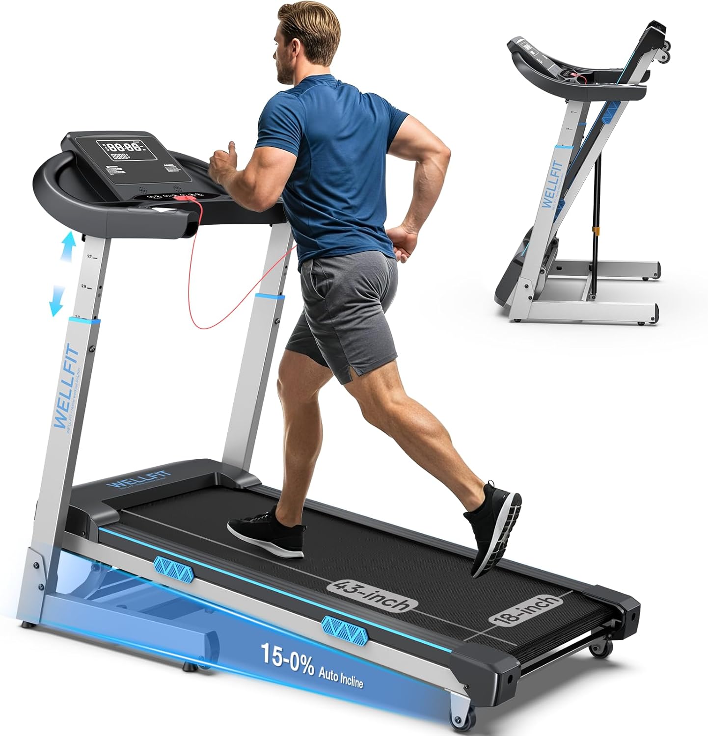 WELLFIT Auto Incline Folding Treadmill - 10% Incline Desk Walking Pad Treadmill with Handlebar, 400 lbs Heavy-Duty Capacity, Space-Saving Quiet Under-Desk Design for Home Office, Seniors & Fitness