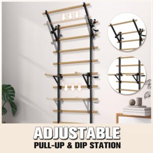 Swedish Ladder Wall Gym, Stall Bar Home Gym with Adjustable Pull-Up Bar, Dip Bar Attachments & 2pcs Resistance Band, 9 Strategic Rods for Core Strengthening and Stretching Balanced for Body Exercise
