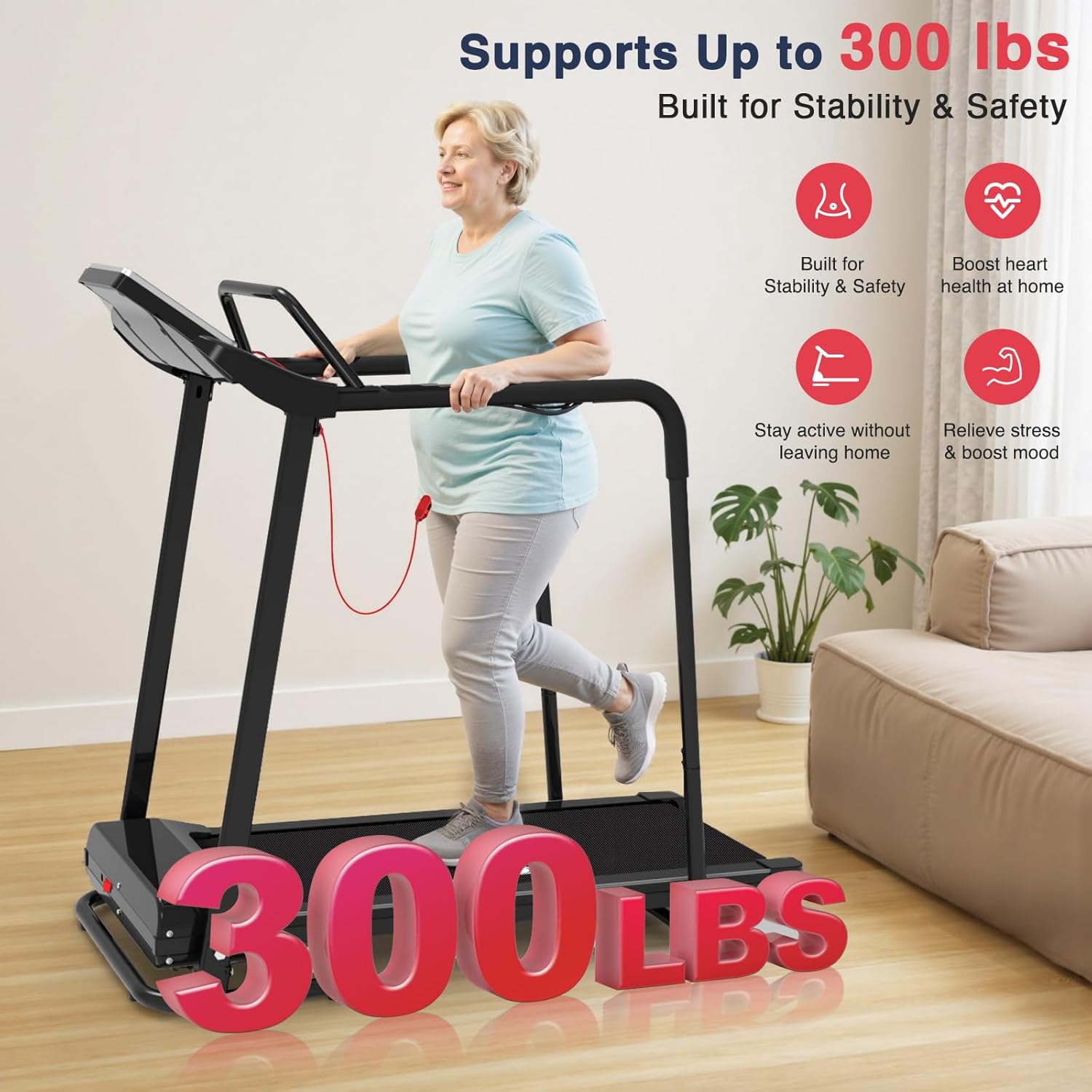 Redliro Walking Treadmill with Long Handrail for Balance, Recovery Fitness Exercise Machine Foldable for Home use with Holder for Phone & Cup,LCD Display, 300 lbs Capacity - Image 5