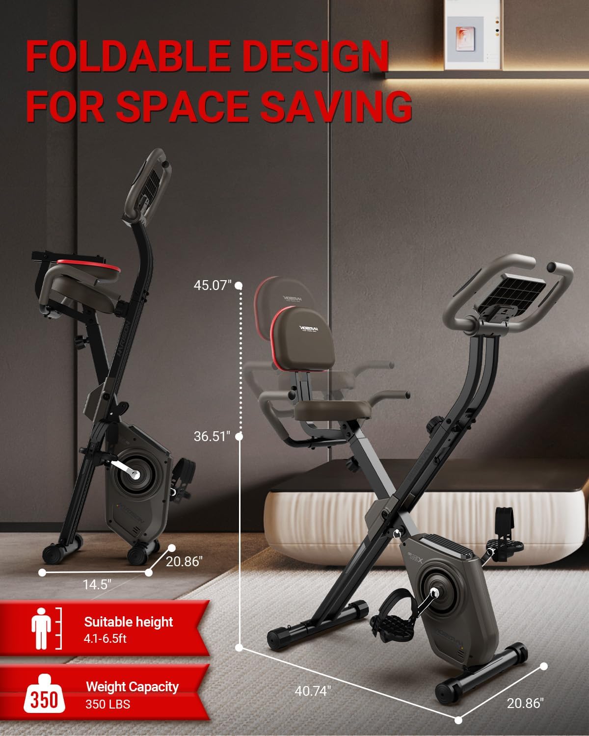 HARISON Folding Exercise Bike 350 LBS Capacity, 5 in 1 Bluetooth Stationary Bikes for Home with 16-Level Resistance and Arm Resistance Bands, Magnetic X-Bike with LCD Monitor & Back Support - Image 6