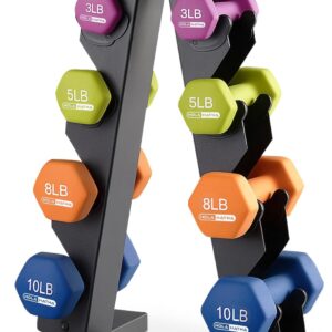 HolaHatha Neoprene Dumbbell Weights Set with Rack, Home Gym Equipment, 56 Lbs, Multicolor – Portable Weighted Exercise Dumbbells for Fitness, Training, and Lifting Workouts