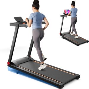 Treadmill with 5% Incline, 300lbs Capacity Folding 15 HP Small Treadmills for Home Portable Running Treadmill with Handles Quiet Brushless Dual Cushion System, Electric Compact Treadmil