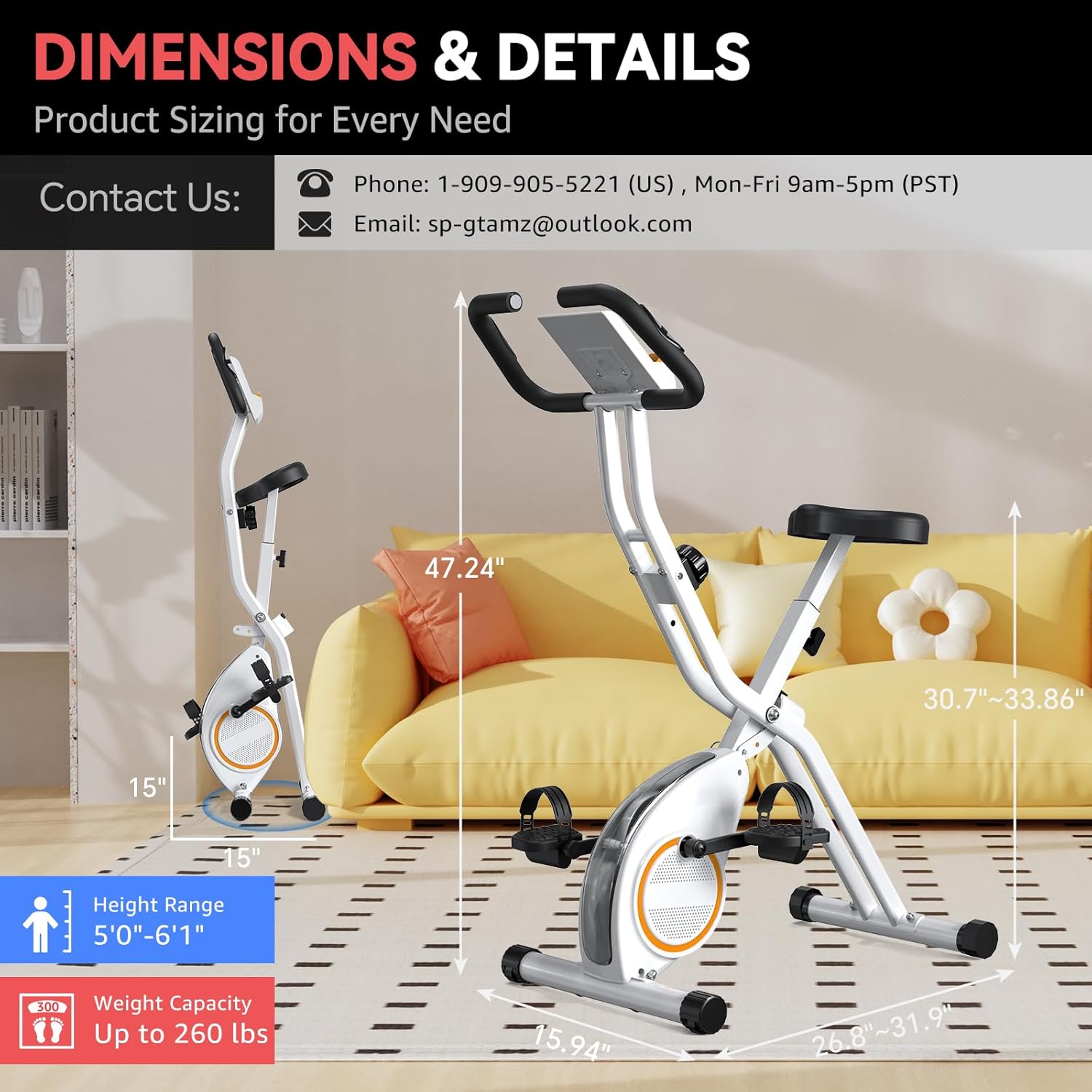 Indoor Exercise Bike for Seniors, 5 IN 1 Foldable Stationary Bike with 16-Level Magnetic Resistance and Tri-Position Ride, 300LBS Capacity, 5.5 LBS Flywheel, for Home Workout 817 Black - Image 5
