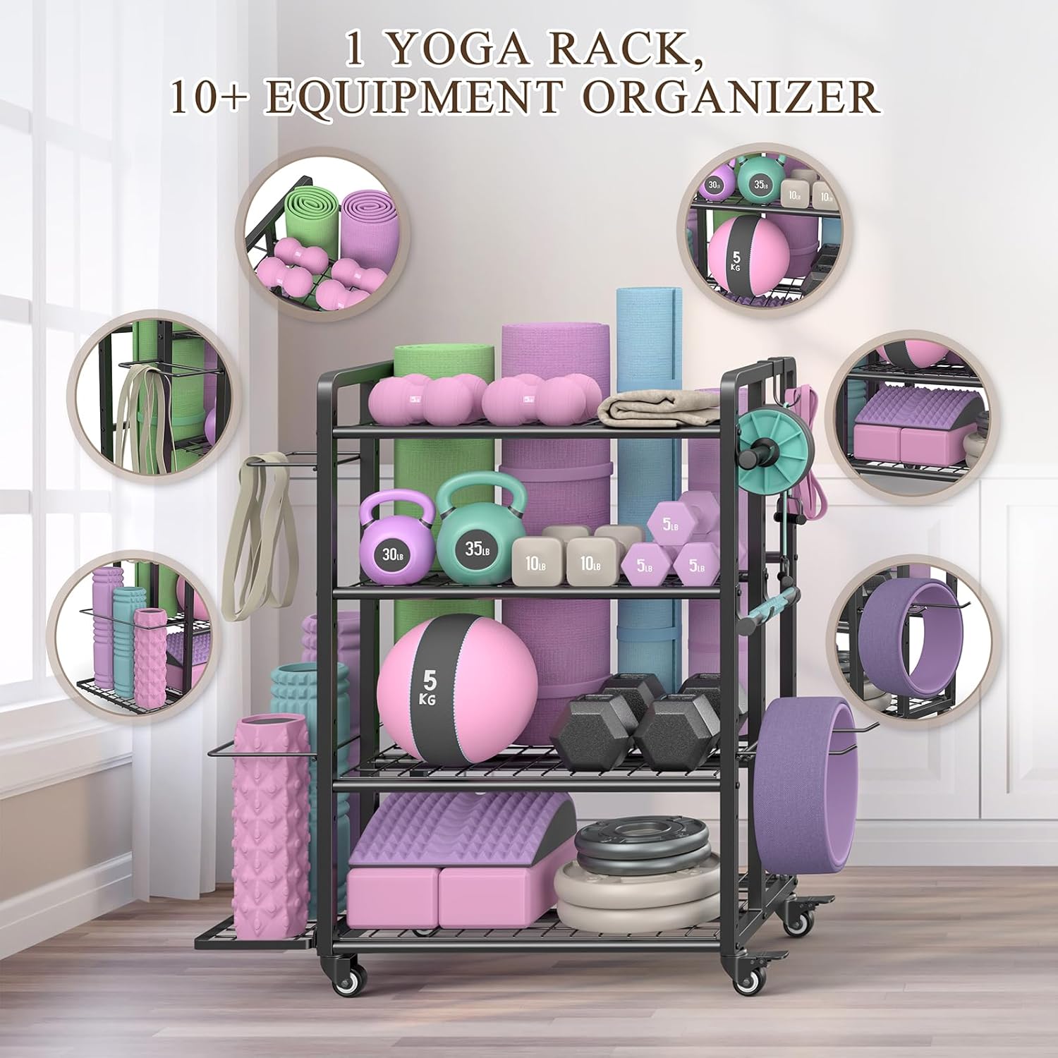 4-Tier Dumbbell Rack Stand Only, Adjustable Weight Rack for Dumbbells Kettlebells Yoga Mat, Home Gym Storage Rack with Wheels and Hooks, Powder Coated Finish - Image 2