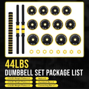 33/44 LB Adjustable Dumbbell Set,Adjustable Dumbbell Weights Strength Training Equipment Work As Dumbbells and Barbells for Home Gym, Yellow