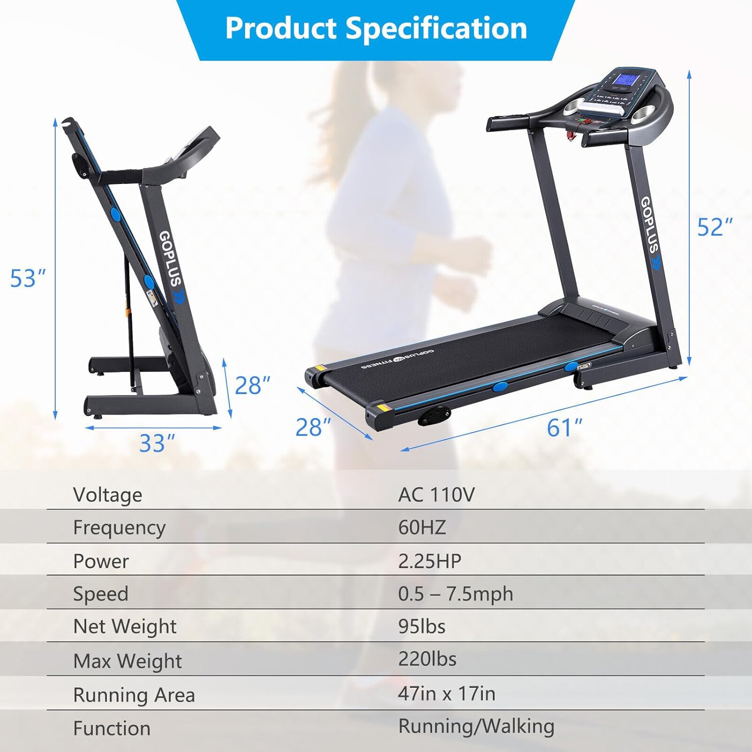 Goplus 2.25HP Folding Treadmill with Incline, Electric Treadmill, Walking Running Jogging Fitness Machine with Blue Backlit LCD Display for Home & Gym Cardio Fitness - Image 7