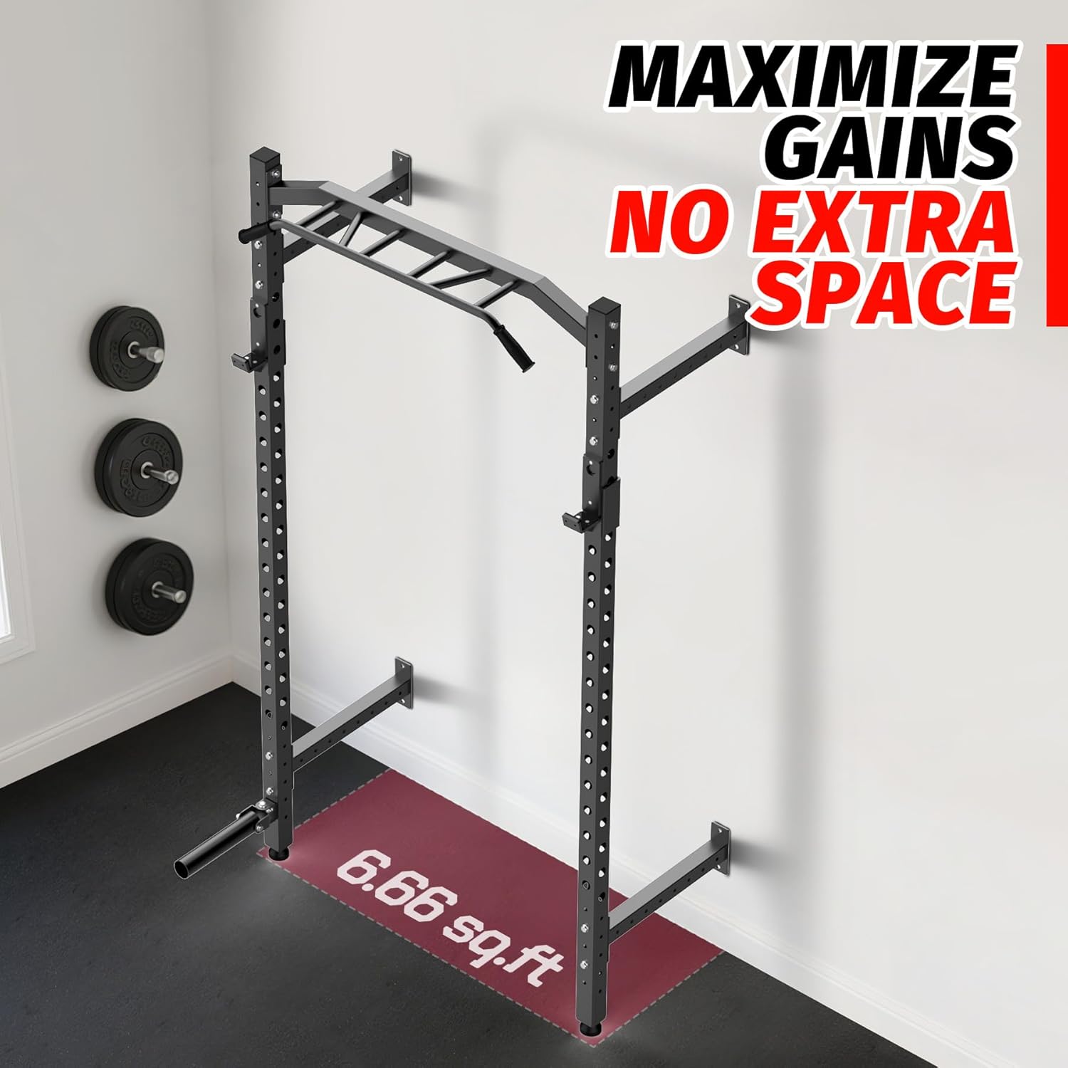 1600LB Wall Mounted Power Rack, Commercial Squat Rack for Home Gym with Multi-Grip Pull Up Bar, j-Cups & Landmine Attachment for Home and Garage Gym - Image 2