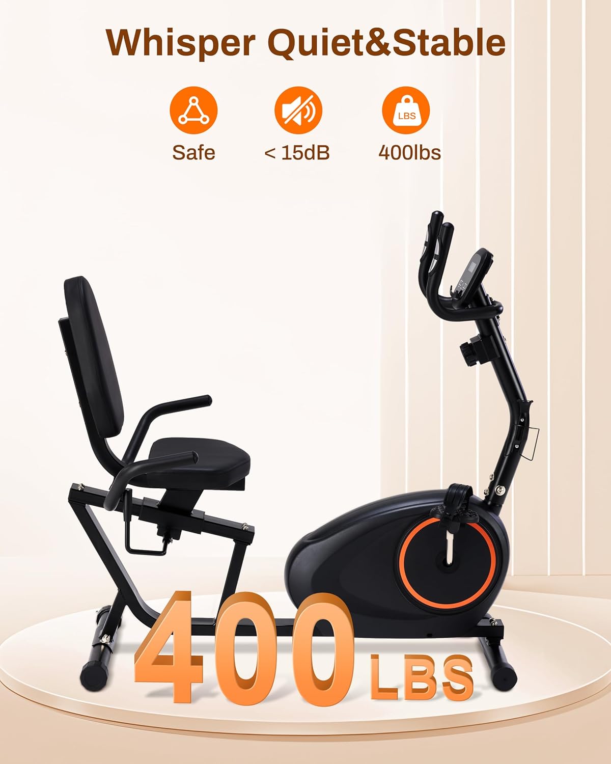 Recumbent Exercise Bike for Home with Quiet 16 Levels Magnetic Resistance, Recumbent Bike for Seniors & Adults with 400LBS Weight Capacity, Large Comfortable Seat, Backlit LCD Monitor, and Pulse Sensor - Image 4