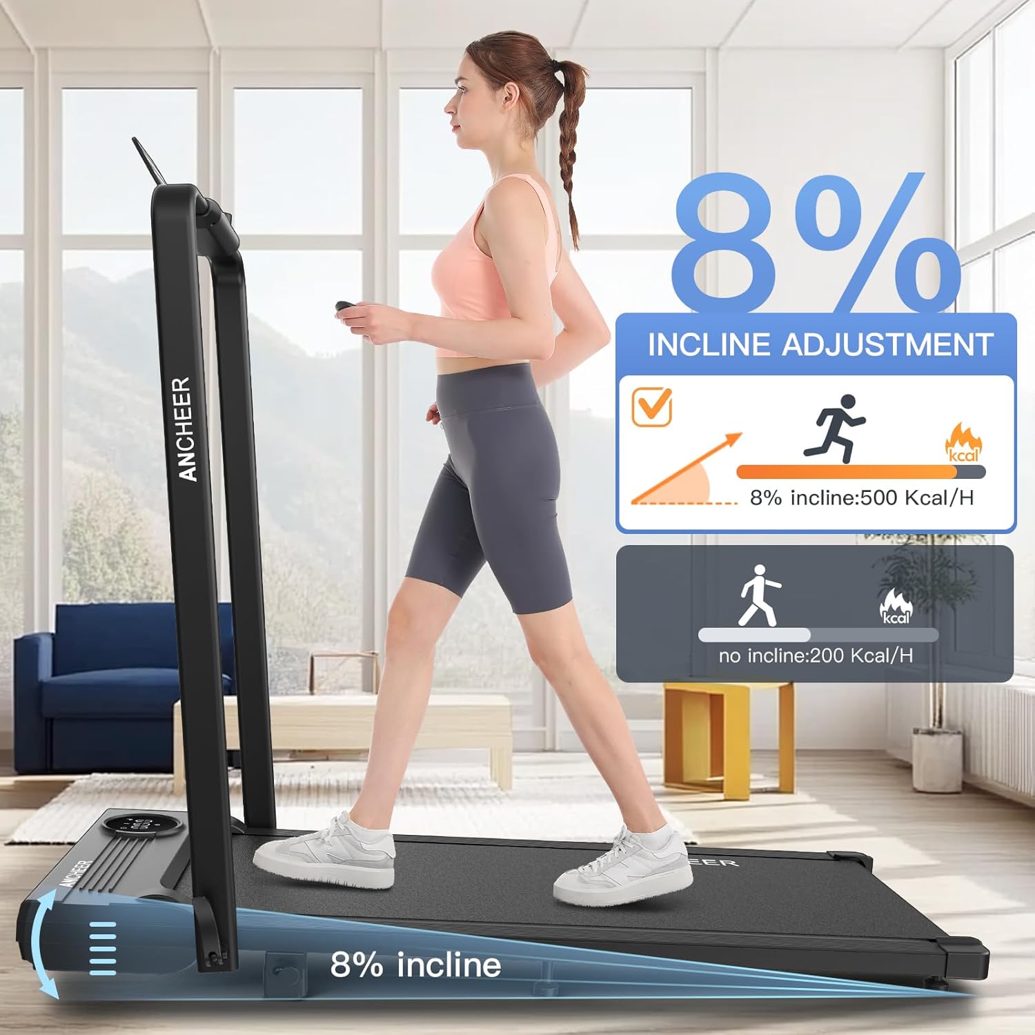 ANCHEER Walking Pad Treadmill with Incline and Handle Bar - Under Desk Treadmill 4 in 1 Folding Treadmills for Home Office/LED Display/Dual Control/12 Preset Programs - Image 2