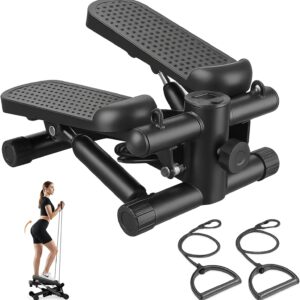 Mini Stair Steppers with Resistance Bands for Exercise at Home, Portable Exercise Twist Stepper Machine for Full Body Workout, Hydraulic Fitness Stepper with LCD Monitor，Black