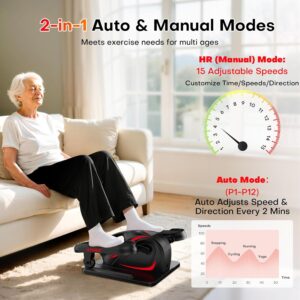 Under Desk Elliptical Machine, Electric Elliptical Leg Exerciser While Sitting for Seniors with Upgraded 15 Speeds & 12 Auto Mode, Forward & Reverse Direction, Quiet Portable Seated Pedal Exerciser