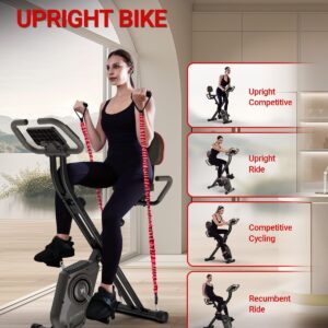 HARISON Folding Exercise Bike 350 LBS Capacity, 5 in 1 Bluetooth Stationary Bikes for Home with 16-Level Resistance and Arm Resistance Bands, Magnetic X-Bike with LCD Monitor & Back Support