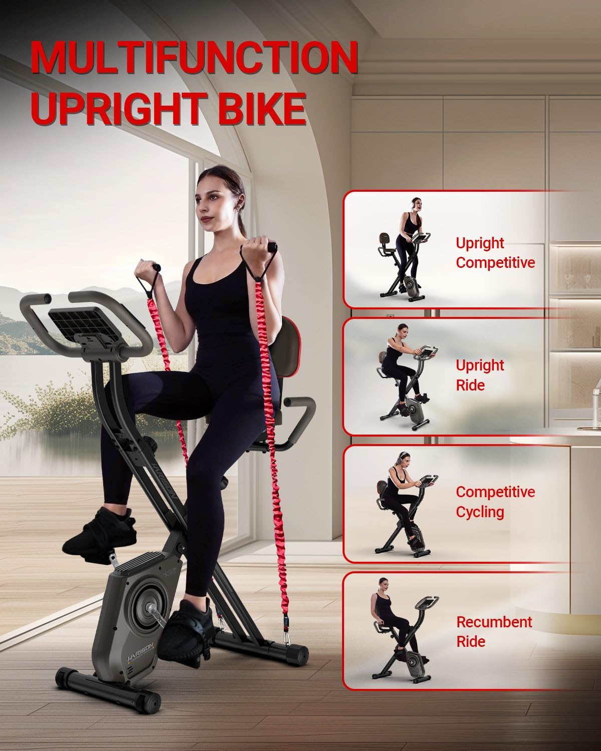 HARISON Folding Exercise Bike 350 LBS Capacity, 5 in 1 Bluetooth Stationary Bikes for Home with 16-Level Resistance and Arm Resistance Bands, Magnetic X-Bike with LCD Monitor & Back Support - Image 2