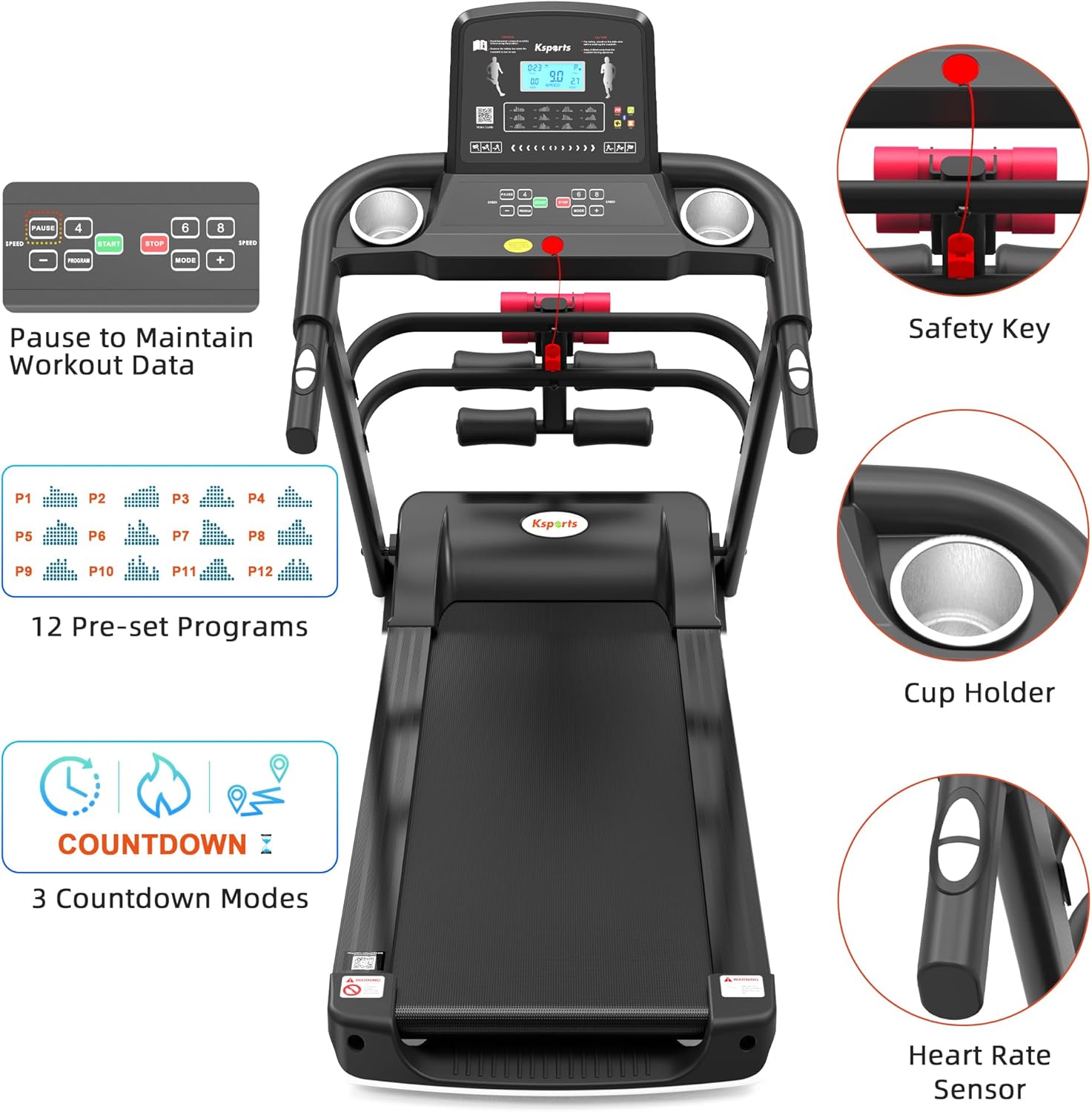Ksports Foldable 16.5 Inch Cardio Fitness Portable Treadmill with Bluetooth Connectivity, LCD Display, and Tracking Apps for Home Gym Equipment, Black - Image 8