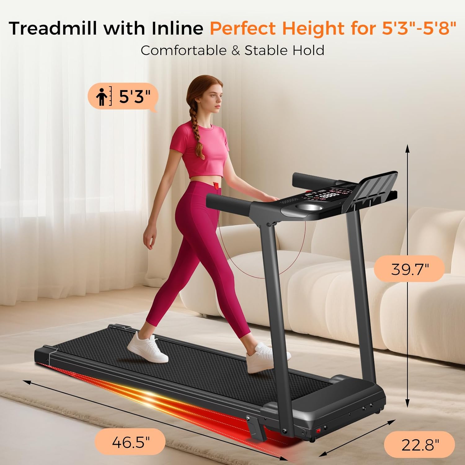 Treadmill with Incline, 3.0HP Small Treadmills for Home, Portable Electric Treadmill with Handles,Lightweight Walking Pad,Compact Running Treadmills,Walking Pad with Handle,LED Dispay,300LBS Capacity - Image 9