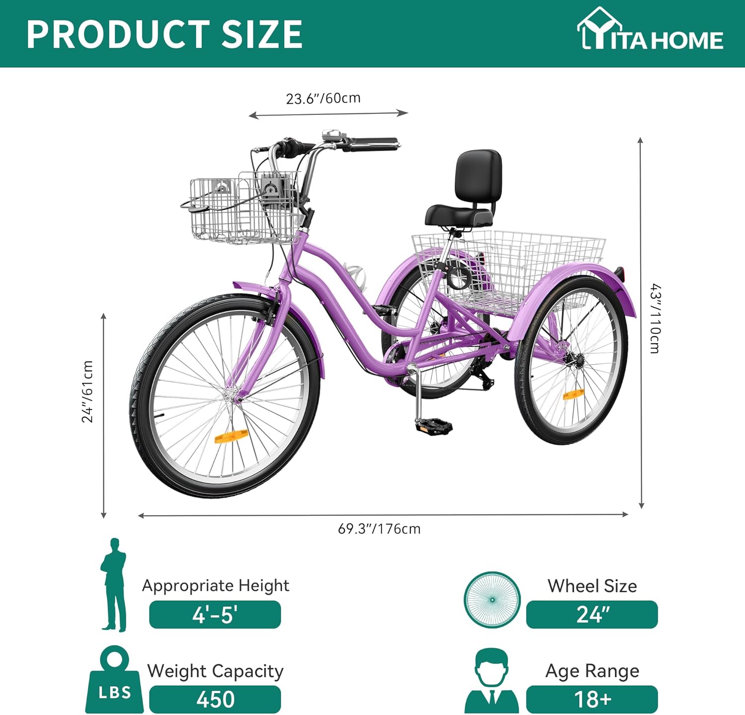 YITAHOME 24 & 26 Inch Adult Tricycle, 1 & 7 Speed 3 Wheel Bikes, Large Seat with Backrest Trike for Adults with Front & Rear Baskets, Cruiser Bike for Seniors Women Men Commute Picnic Outdoor - Image 6