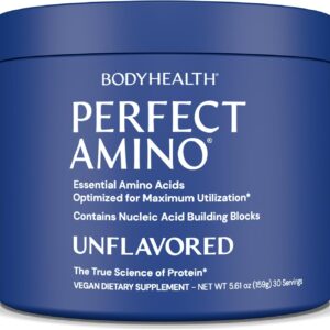 BodyHealth PerfectAmino Powder – BCAA and EAA Powder for Pre and Post Workout – Amino Acid Energy Drink for Men and Women to Support Lean Muscle and Recovery – Unflavored – 30 Servings