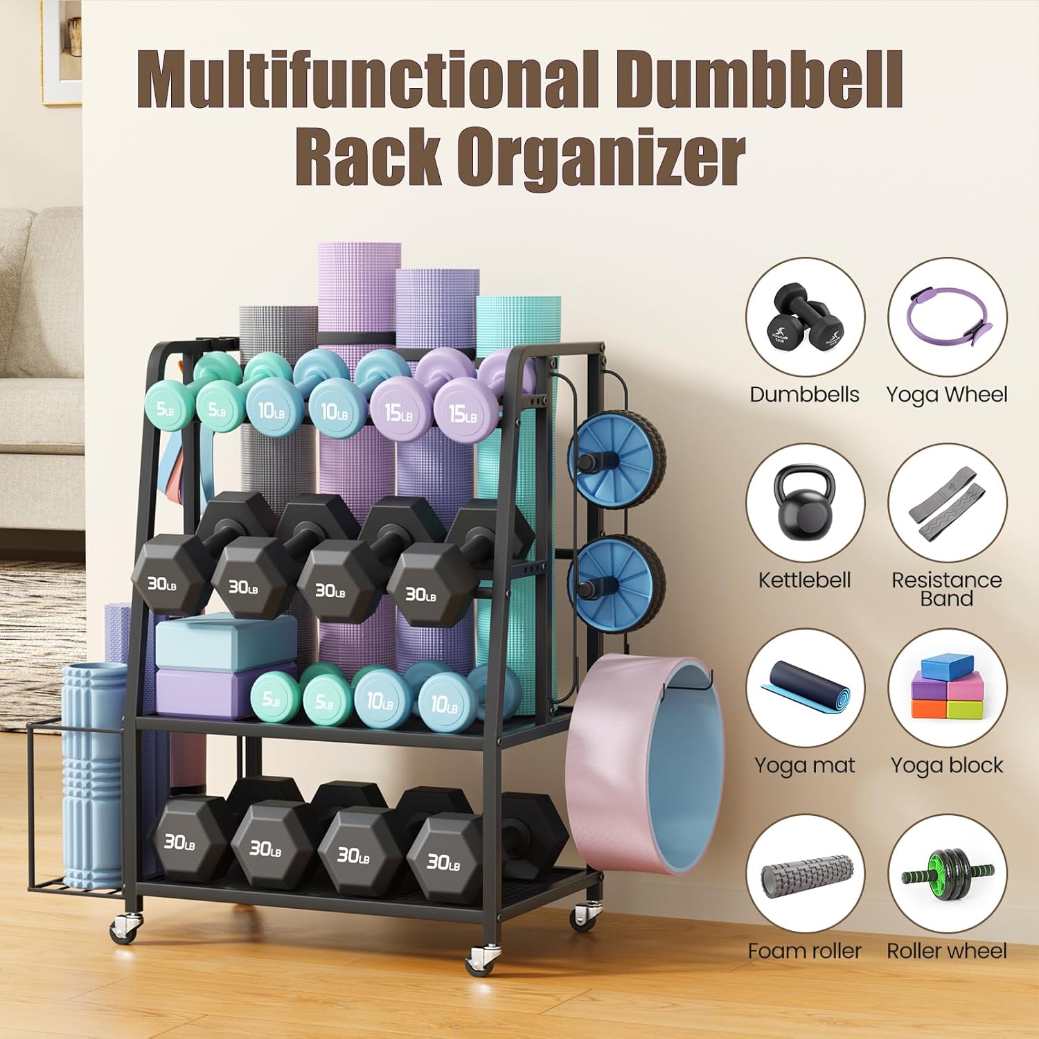 600LBS Weight Rack For Home Gym, Vopeak Dumbbell Rack Stand Only, Adjustable Weight Rack For Dumbbells, Kettlebells Yoga Mat, Home Gym Storage Rack With Wheels And Hooks, Powder Coated Finish Steel - Image 4