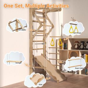 5-in-1 Wooden Indoor Jungle Gym for Kids, Wall-Mounted Swedish Ladder with Pull-Up Bar, Rings, Swing, and Slide – Montessori-Inspired Kids Playset for Fun & Development, Ages 3-8