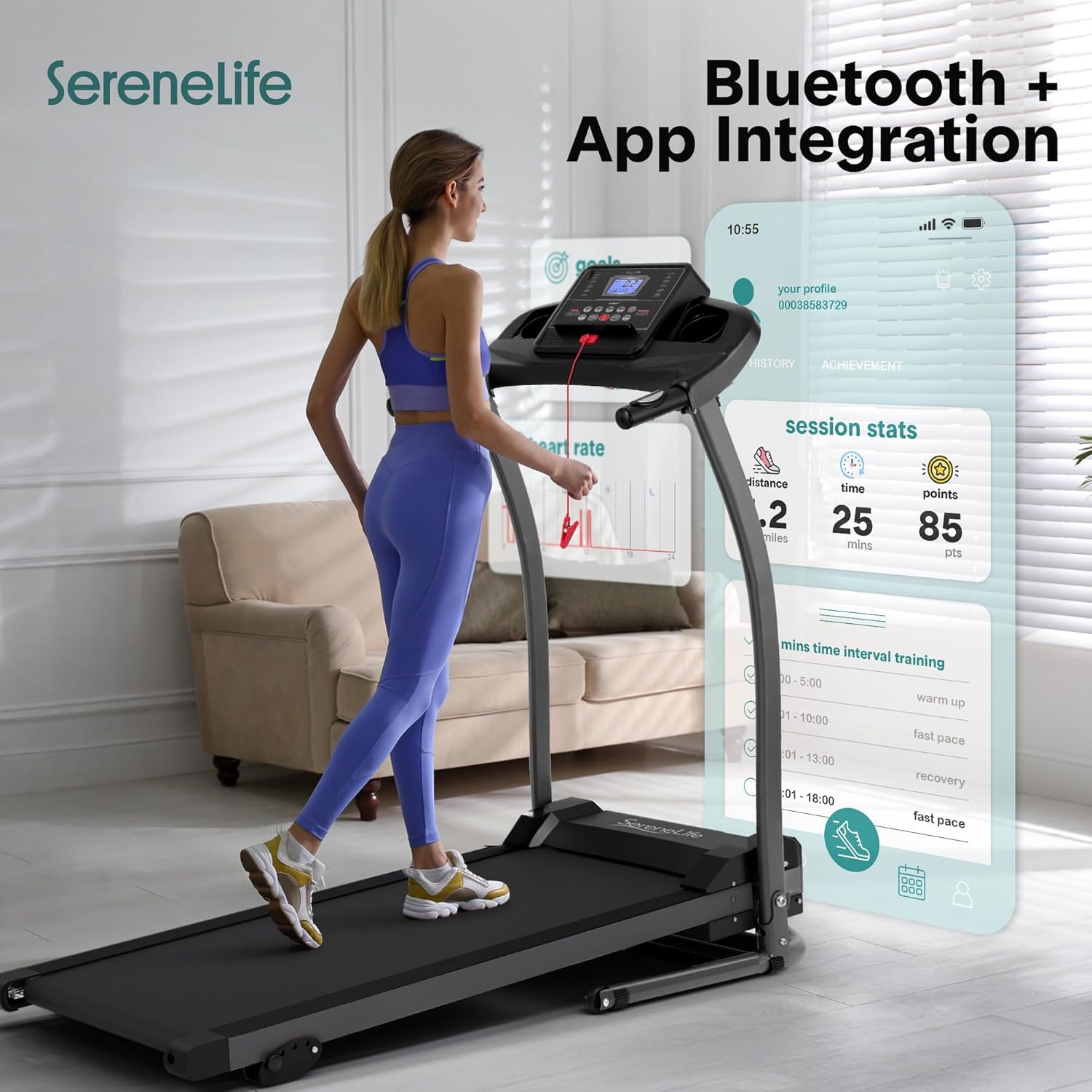 SereneLife Electric Folding Treadmill Exercise Machine - Smart Compact Digital Fitness Treadmill Workout Trainer w/Bluetooth App Sync, Manual Incline Adjustment, for Walking, Running, Gym - Image 8