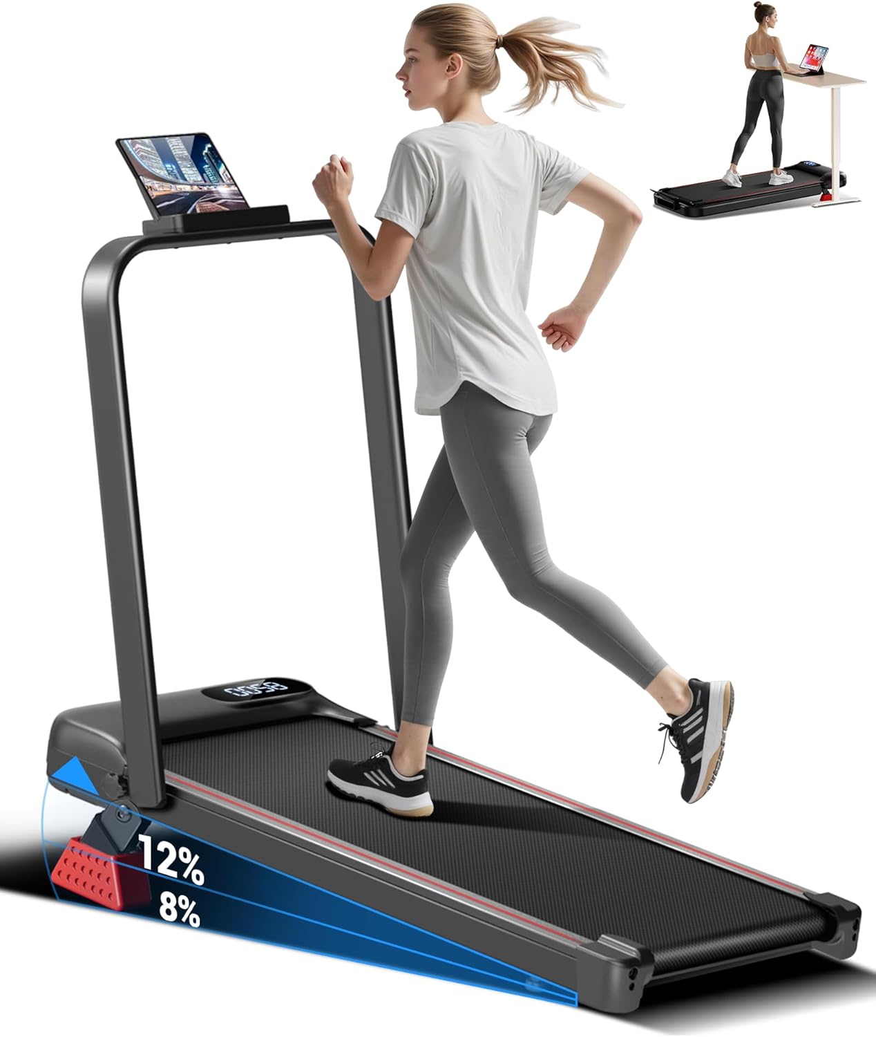 Walking Pad Treadmill with Handle Bar - 2.5HP Quiet Folding Treadmill for Home Office Under Desk Portable Walking Pad with 12% Incline 300LBS Capacity