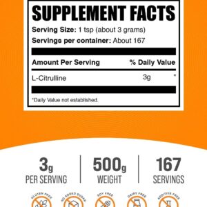 BulkSupplements.com L-Citrulline Powder – Citrulline Supplement, Nitric Oxide Supplement – Unflavored & Gluten Free – 3g per Servings, 500g (1.1 lbs) (Pack of 1)