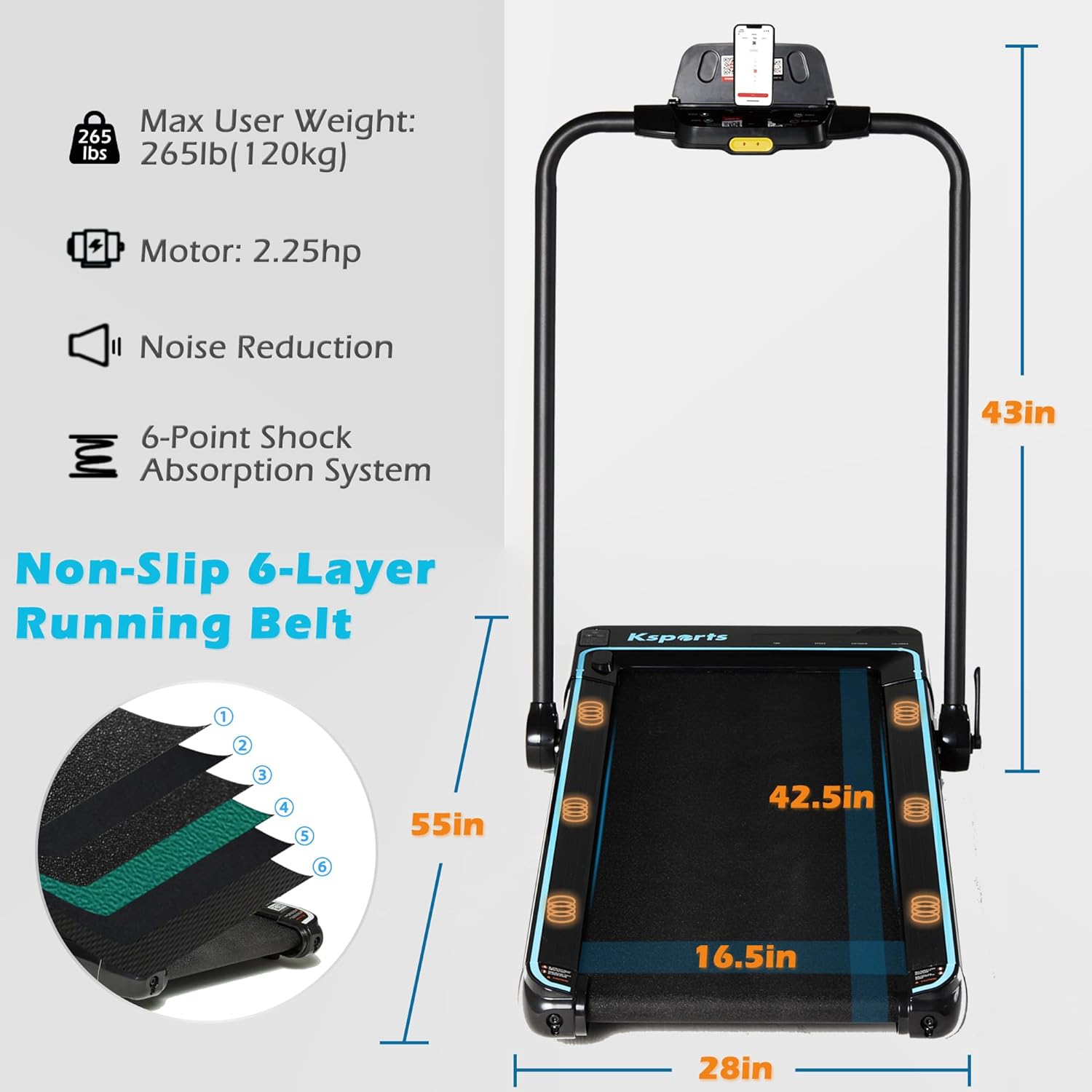 Ksports Walking Pad & Folding Treadmill – 2.5HP, Sit-Ups Mat, Bluetooth App, Portable Wheels | Incline, Desk, Dual Displays, 308 lbs & 265lbs Capacity - Image 3