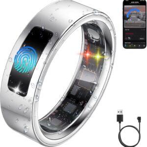 Smart Health Ring for Women Men, Vibration Alert, Touch Control, Fitness Tracker Ring with Sleep/Women’s Health/Heart Rate/Steps, IP68 Waterproof for iPhone and Android, Silver 9, No Subscription