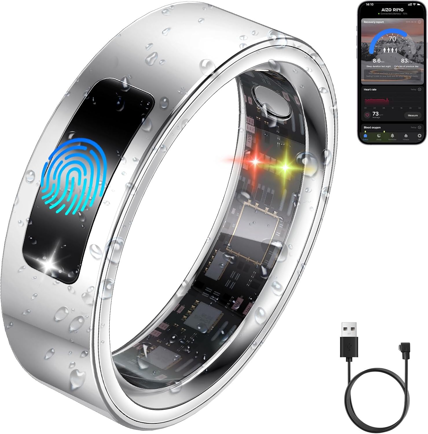 Smart Health Ring for Women Men, Vibration Alert, Touch Control, Fitness Tracker Ring with Sleep/Women's Health/Heart Rate/Steps, IP68 Waterproof for iPhone and Android, Silver 9, No Subscription