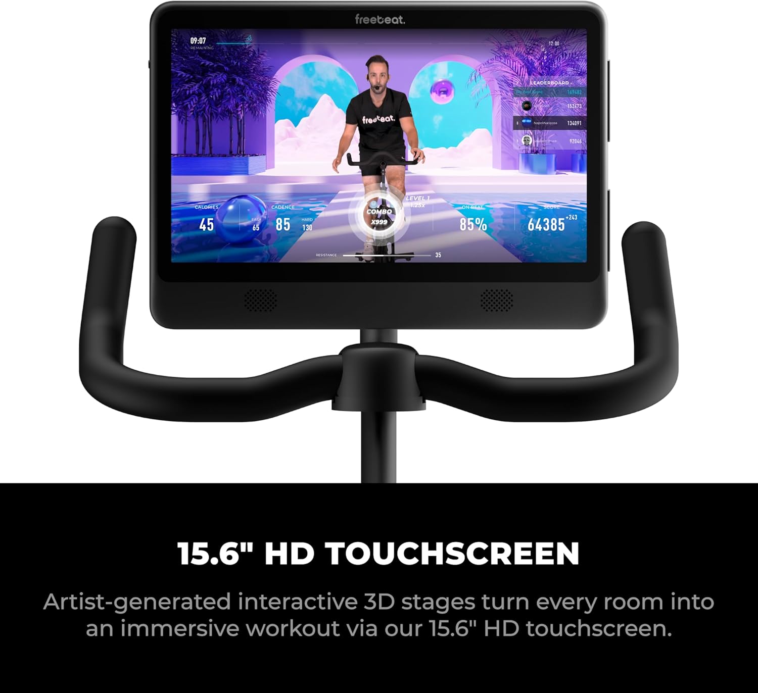 Freebeat Boom Exercise Bike, Smart Spin Bike for Home, 15.6'' HD Touchscreen, Auto Resistance, Compact Stationary Bike with Screen, Bluetooth, Scenic Rides, Training Algorithm, Gamified Classes with Expert Instructors - Image 3