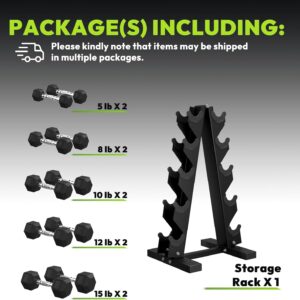 Hex Weights Dumbbells Set with Rack, 75-550 lb Rubber Coated Dumbbell Sets with Storage, Free Hand Weight for Strength Training, Exercise, Fitness, Home, Gym, Heavy Duty