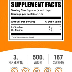 BulkSupplements.com L-Citrulline Malate 2:1 Powder – Nitric Oxide Boost, Citrulline Malate Supplement – Unflavored & Gluten Free – 3g per Servings, 500g (1.1 lbs) (Pack of 1)