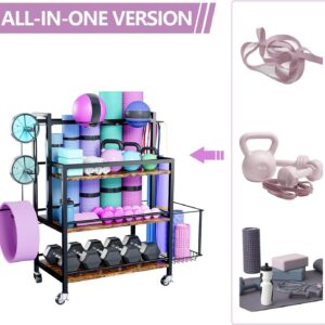 EasyCom Home Gym Storage, 4 Tier Large Capacity Rack for Dumbbells Kettlebells Foam Roller, Yoga Mat Strap and Resistance Bands, Exercise/Workout Equipment Storage Gym Organizer With Hooks and Wheels